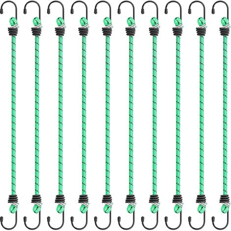 Cordes élastiques avec tendeur robuste, lot de 10 cordes élastiques vertes de 60 cm avec crochets pour fixer meubles, caravanes, tentes de camping, motos E06