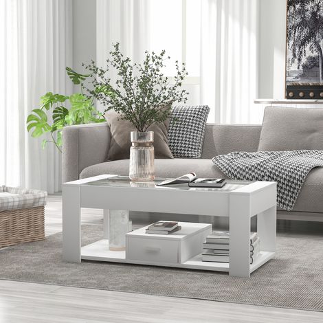 Mesa de centro con almacenaje 100x50x40 cm, cristal templado, blanca, 2 cajones - CHICFURN (1/5)
