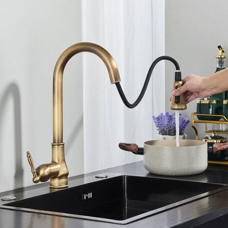 Rubinetto da cucina estraibile in stile retrò, lavello in ottone e acciaio inox 304, rubinetto da cucina estraibile, 3 funzioni (1/4)