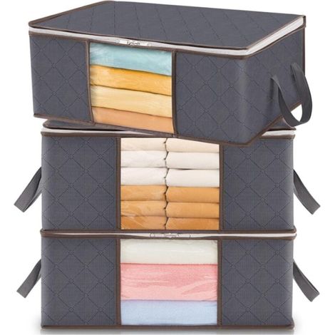 Gris, 35 L, Lot de 3,Sac de Rangement Vetement avec Poignées Renforcées, Housse Couettes avec Fenêtre Transparente, Boite Rangement sous lit Pliable, Organisateur Placard, (1/5)