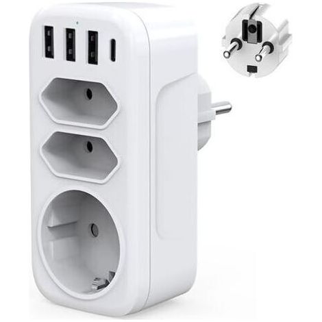 Multiprise Murale USB C Adaptateur Prise Electrique 4000W Chargeur USB Multiple avec 3USB + Type c, 1 Prise Schuko et 2 Prises Euro pour Maison,Cuisine et Bureau (1/5)