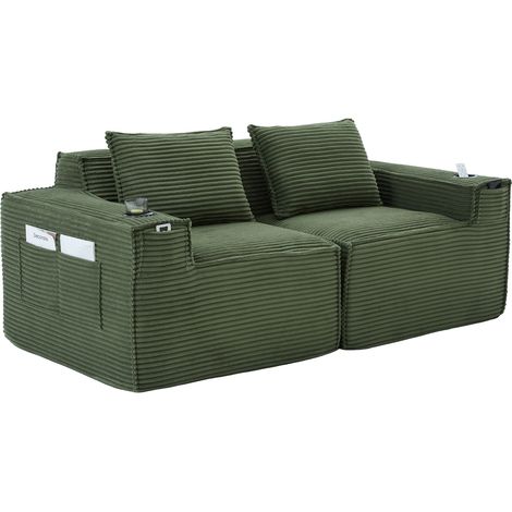 2-Sitzer modulares Sofa aus Cordstoff in Grün mit Getränkehaltern und Taschen (1/5)