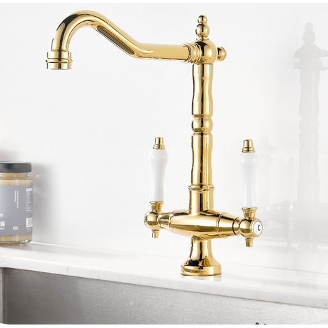 Retro-Waschbeckenmischer aus massivem Messing, klassisches europäisches Design mit zwei Griften, Vintage-Armatur für Bad und Küche, zirkonvergoldete Oberfläche-lsw