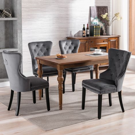 Chaises scandinave avec pieds en chêne et garniture cloutée - tissu en velours - Gris - 4 pièces