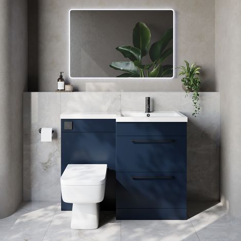 Napoli 460 Deep Blue 1100mm 2 Drawer Vanity Unit Toilet Suite with Right Hand Square Lucia Basin - 1100mm - Matt Black 320mm HandleWith Kingston Toilet Pan and Seat