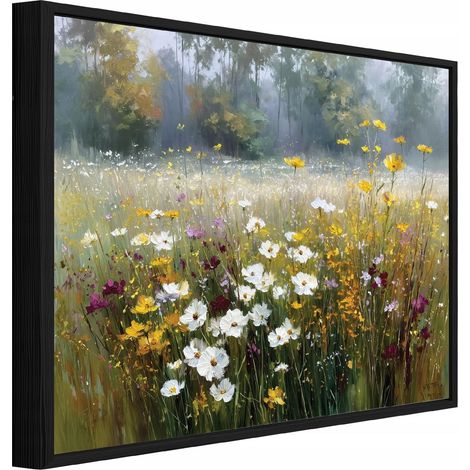 Tableau sur toile avec cadre noir – Prairie de fleurs sauvages – 40 x 30 cm (1/4)