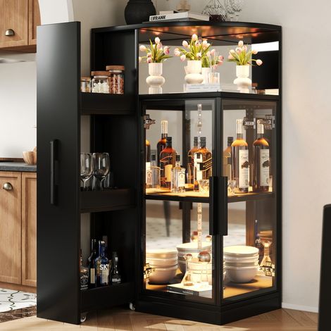Vetrina 64x42x112 cm - Mobile contenitore multifunzionale 2 in 1 con libreria scorrevole e LED - Nero (1/5)