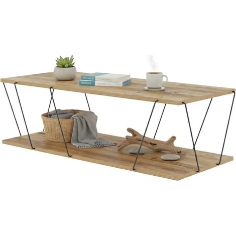 Dmora - Wohnzimmertisch Harmonia, Niedriger Wohnzimmertisch, Kaffeeregal, Couchtisch für Sofa, 120x50h30 cm, Eiche und Schwarz, mit verstärkter Verpackung