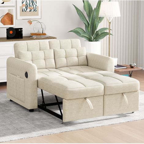 3-in-1 Schlafsofa mit verstellbarer Rückenlehne, USB, Armlehnenfächern und Kissen, Beige HAVRYA (1/5)