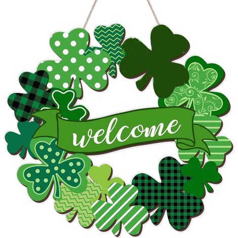 Guirlande Porte Saint-Patrick - Motif Trèfle En Bois Avec Bandeau Bienvenue - Décoration Printemps Pour Porte Et Mur - 1 Pièce