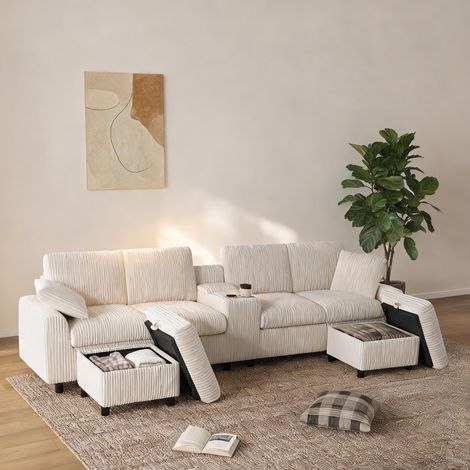 Canapé d'angle en U en velours côtelé beige avec poufs et table (1/5)