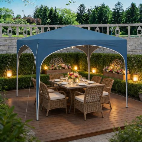 Gazebo pieghevole 3 x 3 m, regolabile in altezza, tetto in tessuto Oxford 210D impermeabile con protezione UV, struttura in metallo blu. (1/5)