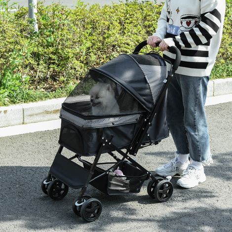 Poussette pliable pour petits chiens avec poignée pivotante et panier de rangement, noire (1/4)