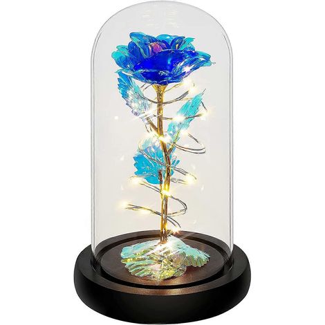 Leuchtend blaue künstliche Rose unter einer Glasglocke, romantisches Blumengeschenk für Frauen, Geschenkidee zum Valentinstag, Muttertag, Dankeschön (1/5)