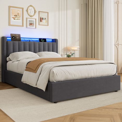 Lit coffre 140x190 cm avec rangement, LED et port USB, velours gris foncé OKMYHOME (1/5)