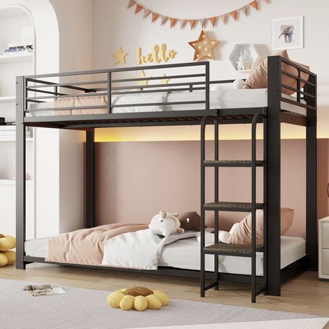Lit superposé enfant 90x200 cm en métal, avec escalier-étagère en bois, garde-corps et structure renforcée, Noir (1/5)