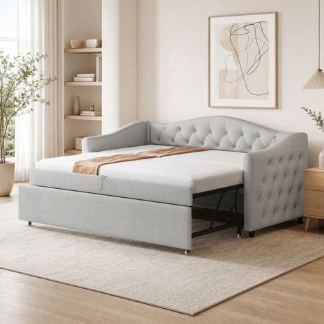 DESMIU Lit Banquette 90 × 200 cm 1 place avec USB, rangement, sans matelas, en lin, gris (1/5)