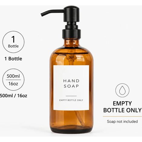Distributeur de savon en verre ambré 500 ml avec pompe noire mate (1 pièce), flacon de savon liquide rechargeable pour salle de bain, cuisine ou plan de travail (1 pièce). (1/5)