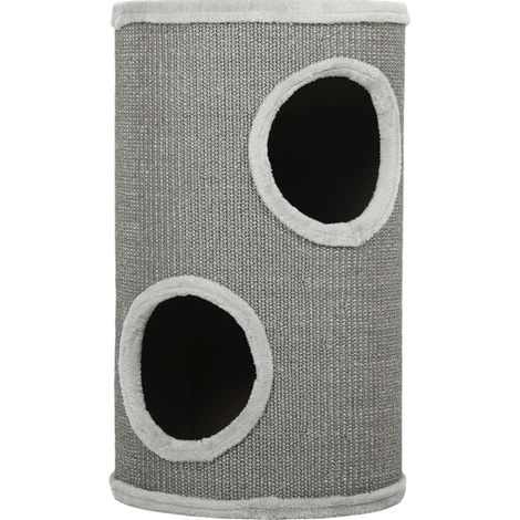 Torre rascadora para gatos de 2 niveles con 2 cuevas Ø35 x 60 cm de sisal y felpa gris claro HOMVRA (1/5)