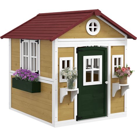 Cabane enfant extérieur maison enfant extérieure avec porte fenêtres et jardinières 114 x 126,4 x 135 cm beige