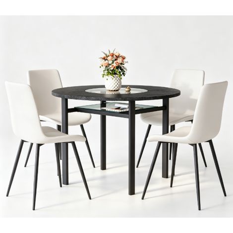 Set tavolo rotondo 100 cm e 4 sedie in PU bianco MDF nero HOMVRA (1/5)
