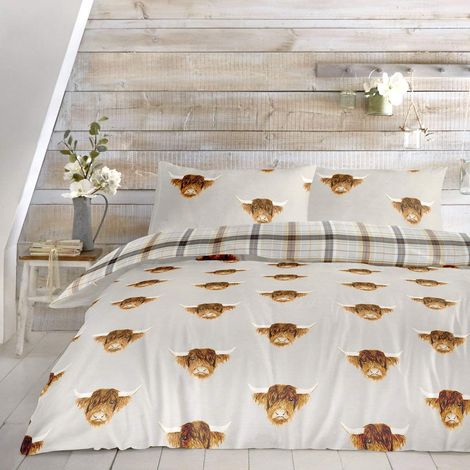 Housse de Couette 230 x 220 cm 2 taies d'oreiller Réversible Parure de lit Tartan crème Naturelle Housse de Couette en Flanelle Literie Vache de Ferme Cadeaux Vache