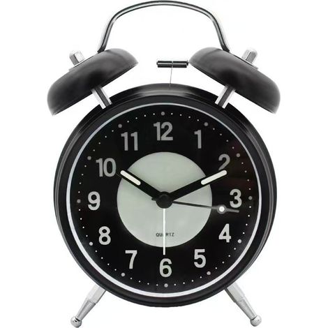 Doppelglockenwecker, mit beleuchtetem, geräuschlosem Wecker, elektronischem Retro-Quarzwerk, nicht tickend, für Schlafzimmer, Wohnzimmer, Schwarz
