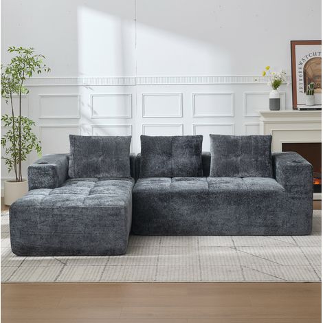 Canapé d'angle 258 cm gris en chenille rembourrée avec porte-gobelets (1/5)