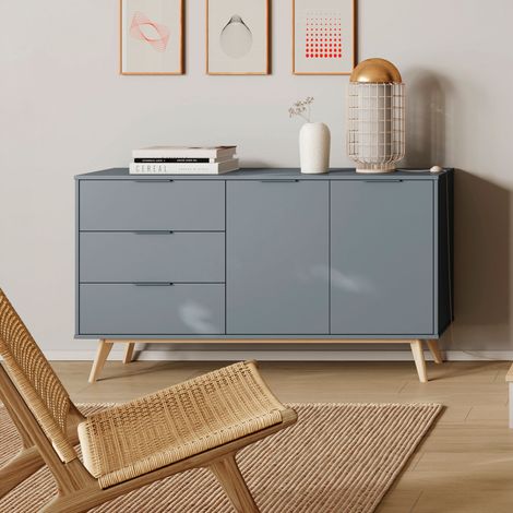 Buffet 2 portes 3 tiroirs 140x40x81 cm en pin vert grisé - KLIMEA (1/5)