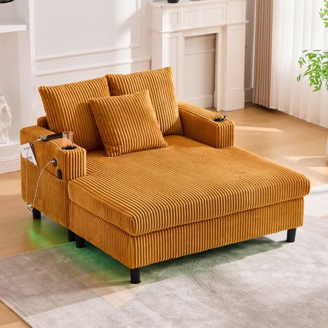 Poltrona chaise longue in corduroy giallo senape 142 x 128 x 85 cm con LED, USB e portabicchieri