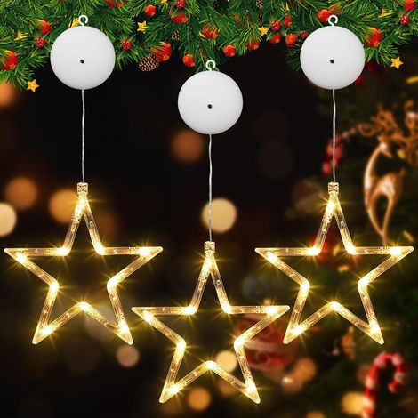 Deco de Noël Interieur, Rideau Lumineux Étoiles 3PCS LED, Fenêtre Décorative, Guirlande Lumineuse avec Ventouses pour Décoration