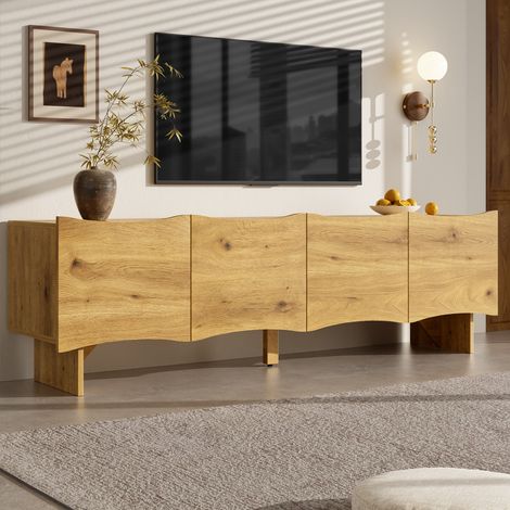 DESMIU Meuble TV 155 cm avec 4 portes et 4 passe-câbles, pour salon, en panneau de particules, couleur naturelle (1/5)
