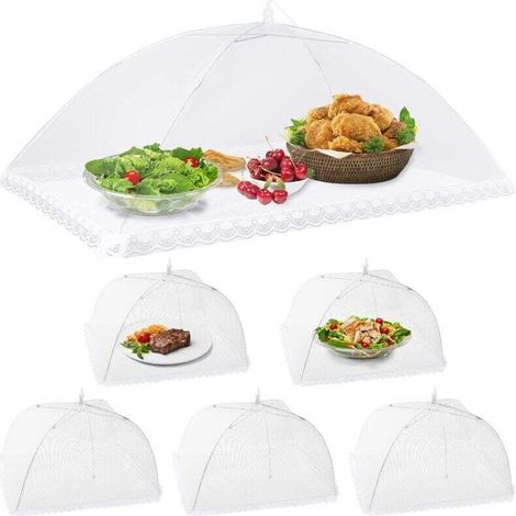 -6pcs Cloche Alimentaire Pliable Anti-mouche Couvercle de Nourriture en Maille Tente Parapluie Anti-insectes Protection pour BBQ Pique-nique Aliments,1 Large (100x60cm) & 5 Standard