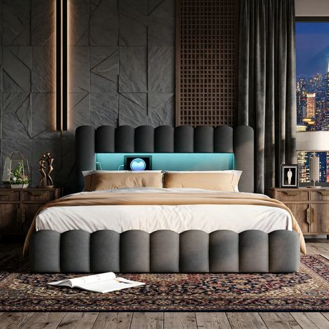 Lit Coffre 140x200, Lit Rembourré avec LED, USB,2 Personnes Capitonné avec Tete de et Espace de Rangement, Cadre de avec sommier à Lattes, Fonctionnel hydraulique, Gris,Lin(sans Matelas) (1/5)
