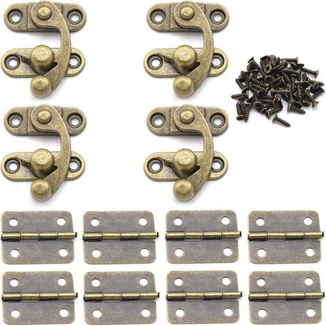 Antiker rechter Hakenriegel und Scharnier-Set, 4 Stück Horn-Haspen-Schlösser und 8 Stück prägnante rechteckige Scharniere, Retro-Bronze, Schmuckkästchen, Schrank, Ersatzbeschlag mit passenden (1/4)