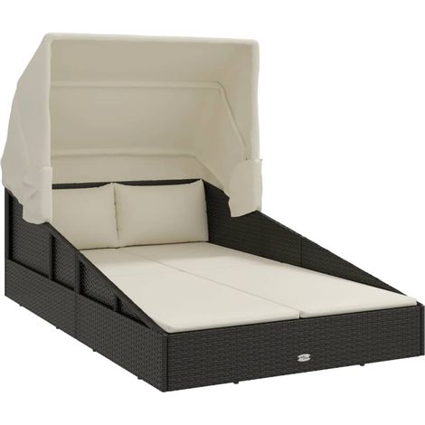 Transat avec toit pliable noir 200x114x128 cm résine tressée