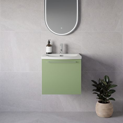 Napoli 390 Olive Green 500mm Wall Mounted Single Drawer Vanity Unit with Arc Basin - 500mm - Chrome 320mm Handle