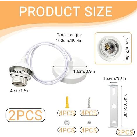 Metal Pendant Light Holder E27, Cable Suspension Light, Adjustable Cable 100 cm, Pendant Light Socket for Lampshade, Ceiling Lamp Holder, Living Room, Bedroom, Kitchen, Corridor, Coffee, White (1/4)