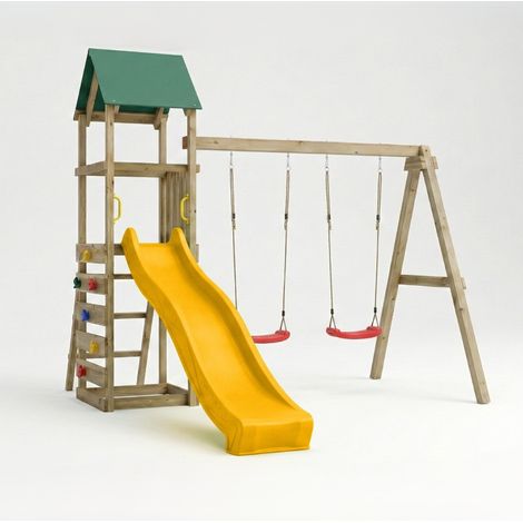 Parco giochi in legno Maxplay 2.1 con scivolo giallo, doppia altalena e arrampicata per giardino (1/5)
