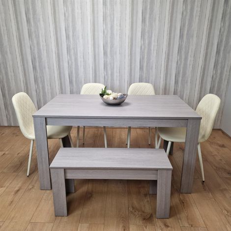 Dining Table and 4 Chairs Grey 4 Cream Leather Chairs Wood Dining Set Furniture (1/5)