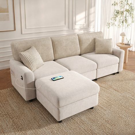 DESMIU Canapé droit avec 1 port USB 1 port Type-C 2 coussins et pouf en chenille et velours côtelé beige (1/5)