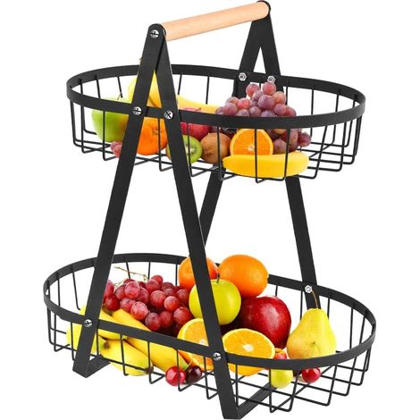 Présentoir à fruits à 2 niveaux, porte-fruits noir, corbeille à fruits, bol à fruits et légumes, support à fruits amovible