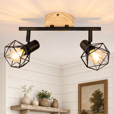 ZMH Spot Plafond E14 Vintage 2 Lumières Orientables 350°, Bois et Métal Noir, Style Industriel pour Salon Cuisine (1/4)