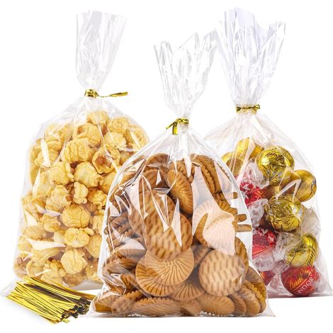 LOKQING Sachets cellophane, lot de 100, 15 x 25 cm avec attaches pour bretzels Pour bretzels, pop-corn, biscuits empilés et confiseries