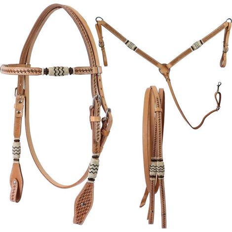 MARRONE - Set western completo di briglia redini pettorale in cuoio con fibbie inox modello Maidu