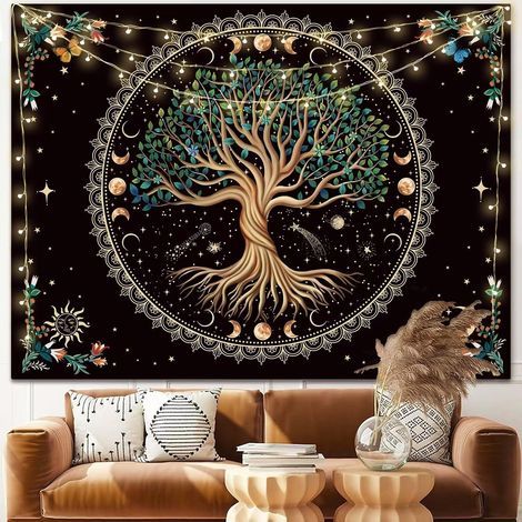 Wandteppich mit Mondphasen, Lebensbaum, Blumen, Pflanzen, Schmetterlingsmotiven, im Bohème-Stil, Mandala, spirituell, Wandbehang für die Dekoration von Zuhause, Schlafzimmer, Wohnzimmer, Studentenwohn (1/5)