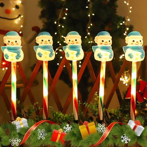 Piquets lumineux solaires LED de Noël lot de 5 bonhommes de neige bleus, lampe extérieure IP65, source lumineuse LED. (1/5)