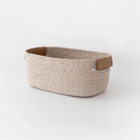 Un cesto portaoggetti rotondo in corda di cotone intrecciata, un cesto multifunzionale adatto a soggiorni, camerette per bambini e bagni. (1/5)