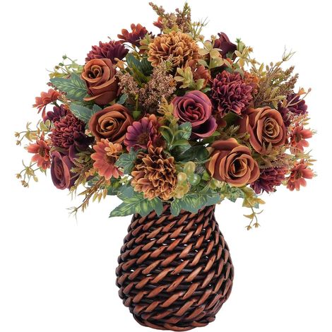 4pcs Bouquet de Fleurs Artificielles avec Vase Decoration Automne (1/5)