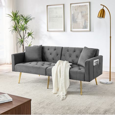 Sofá de 2 plazas gris en terciopelo con respaldo ajustable, 2 cojines y patas metálicas (1/5)